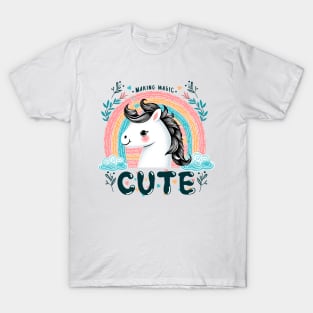 Cute unicorn with rainbow, flowers and clouds T-Shirt